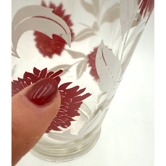 Vintage Heavy Glass Pitcher Clear Glass Pitcher Red Floral Print with Ice Lip - Picture 4 of 7